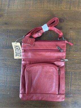 NWT Burgundy Krediz Genuine Leather Crossbody Bag with Zipper Pockets